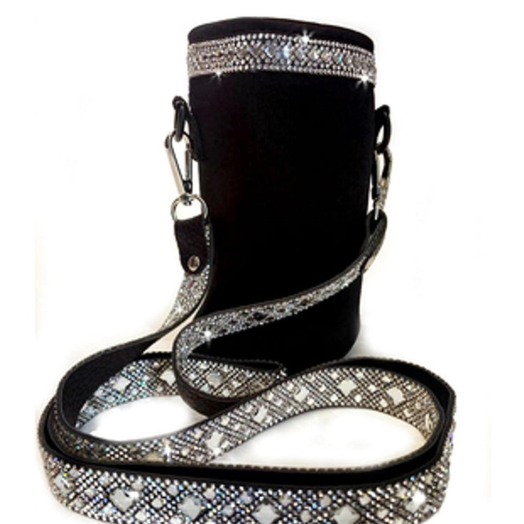 Black tote that fits a 24 oz tumbler or bottle, with white diamond shaped rhinestones along the top edge, as well as a rhinestone covered detachable carrying strap.