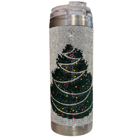 Jacqueline Kent 20 Ounce Stainless Steel Tumbler with Straw Christmas Tree Silver Crystal Embellished