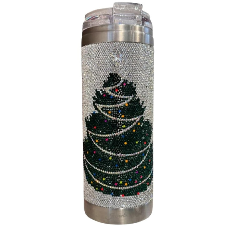 Jacqueline Kent 20 Ounce Stainless Steel Tumbler with Straw Christmas Tree Silver Crystal Embellished
