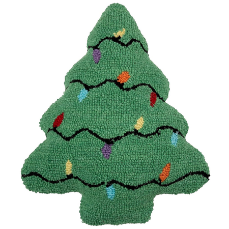 Decorative Christmas tree-shaped pillow with lights on a white background