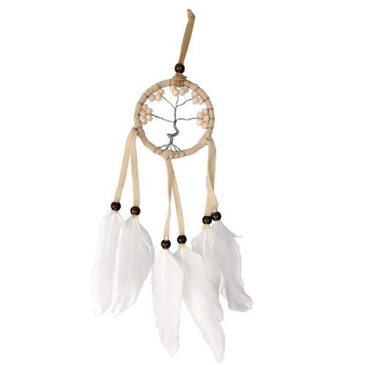 brown and natural beaded tree of life dream catcher with white feathers.