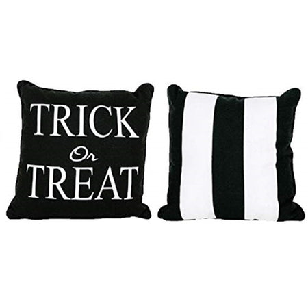 image shows both sides of pillow.  Front is solid black with white text "Trick or Treat" the back is black and white wide stripes