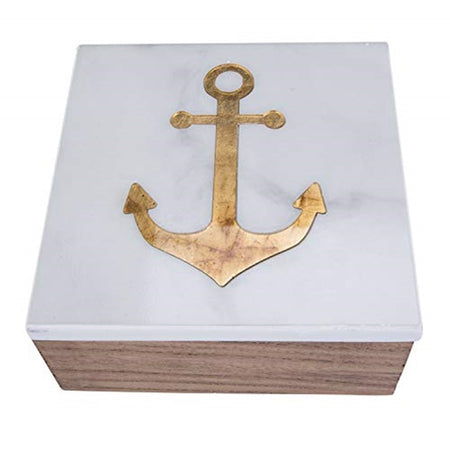 square box made of wood with white top and gold anchor design on top of lid