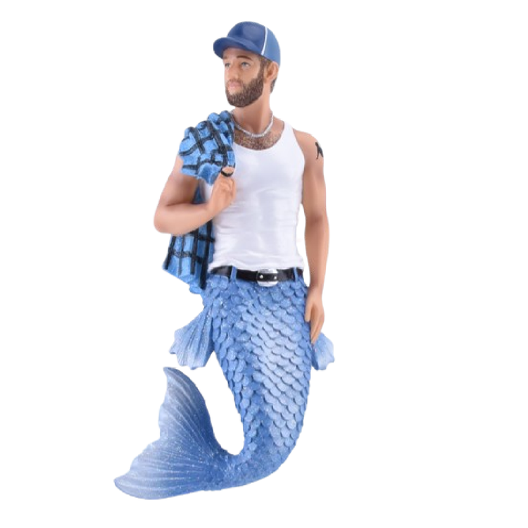 merman ornament with blue tail, white tank top and a flannel shirt, wearing a trucker cap.