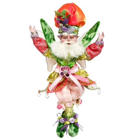 Bearded fairy wearing pink and green outfit with tulip shaped pink hat.