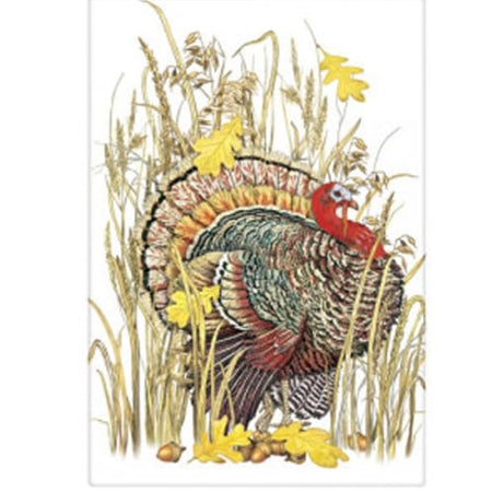 White kitchen towel with a turkey standing in grass design.