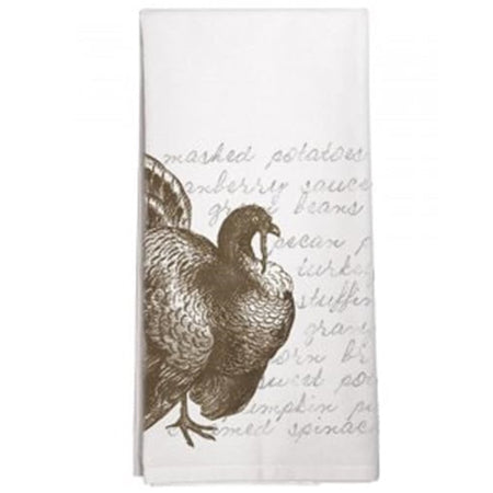 Folded white towel with a print of a turkey and the background has a dinner list like mashed potatoes, cranberry sauce, etc.