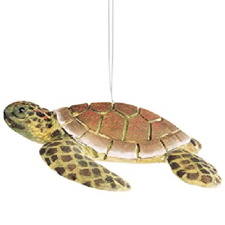 ornament shaped like a sea turtle in browns and greens with brown spots on body.