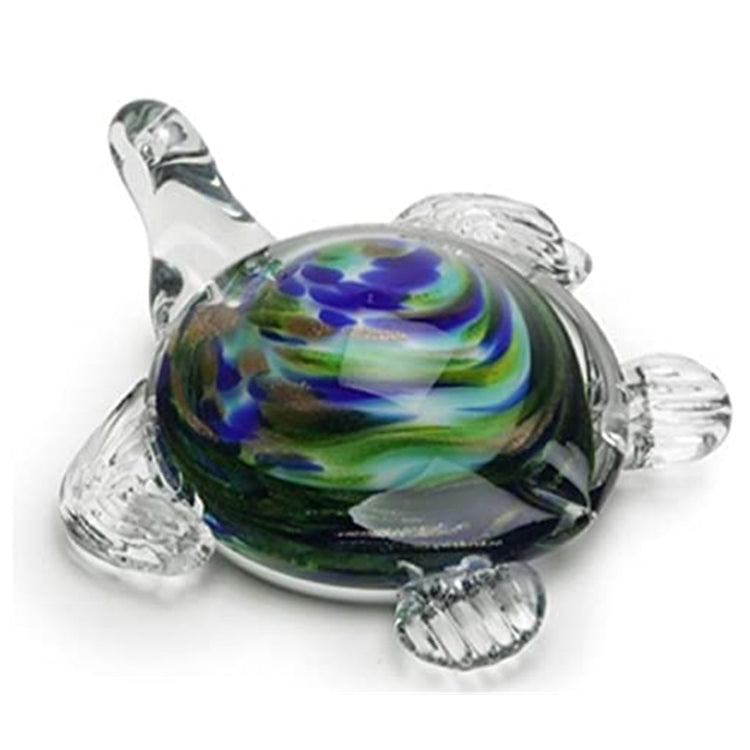 glass turtle with a green and blue swirled shell and clear body.