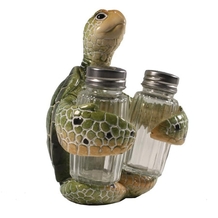 turtle salt and pepper shaker set with polyresin holder and glass shakers coastal kitchen decor