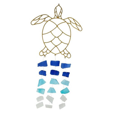 Wire turtle in gold with 3 strands of seaglass in blue, teal and white on each