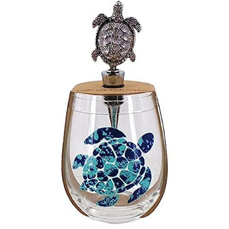 stemless wine glass with blue and green turlte painted on it with a metal turtle stopper on package so it is a 2 piece set.