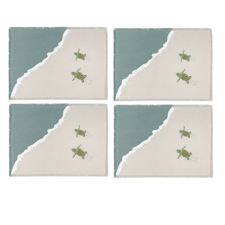 4 fabric placemats, 2 baby sea turtles embroidered moving towards the "beach"