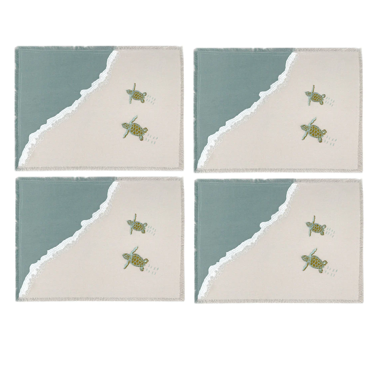 4 fabric placemats, 2 baby sea turtles embroidered moving towards the "beach"