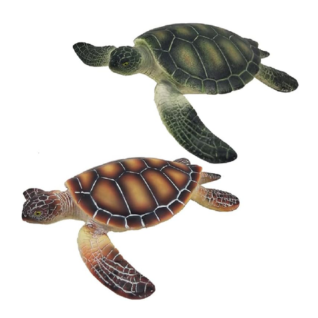 2 resin turtle figurines, one brown and one green.