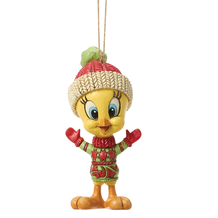 Tweety Bird ornament, wearing knit cap and sweater.
