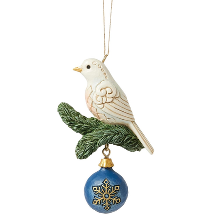 Resin dove on a pine sprig with blue ball ornament.