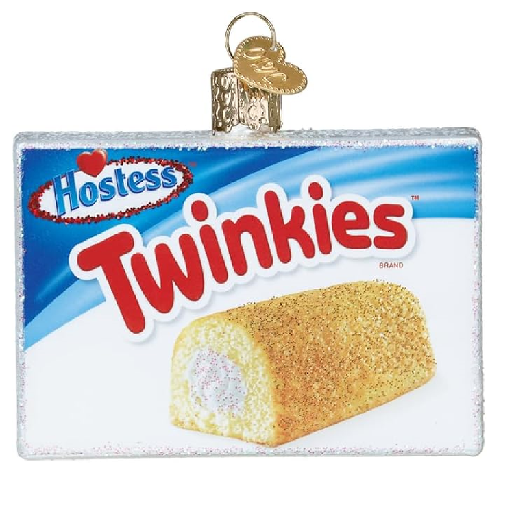 blown glass ornament of a Twinkies box.