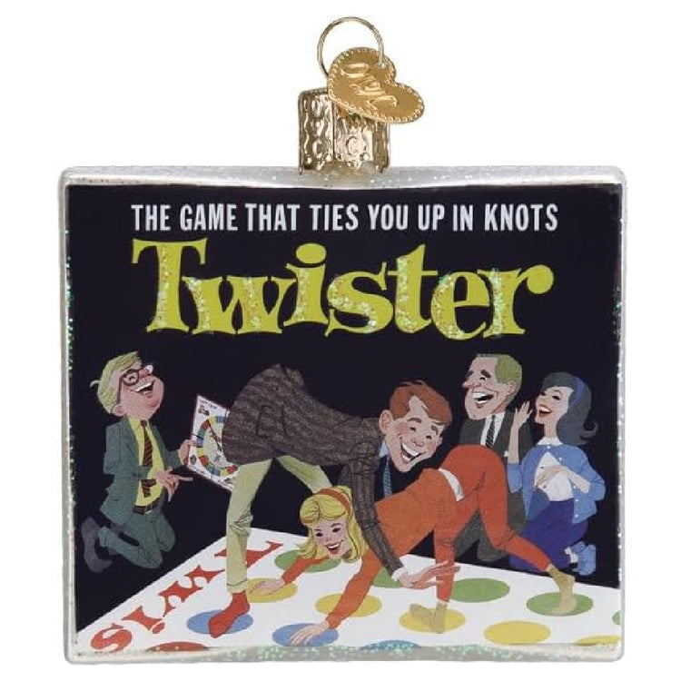 Blown glass ornament, vintage inspired twister game box.