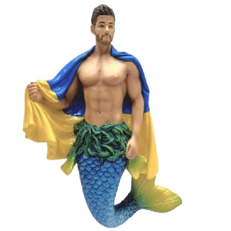 Mermaid figurine with blue and yellow tail on a white background