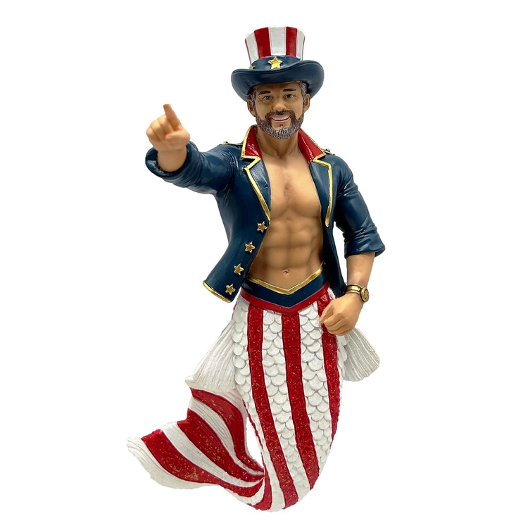 merman with red and white striped tail, blue jacket and a red white and blue top hat.
