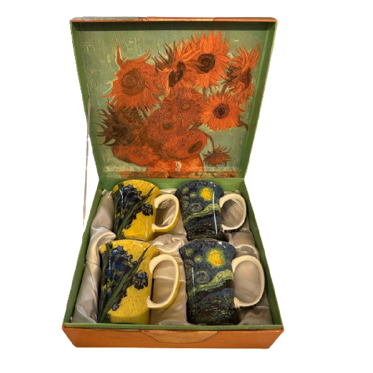 2 Irises mugs and 2 Starry Night mugs in a Sunflowers gift box.