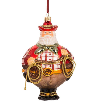 Blown glass Santa dressed as a cowboy with a lasso.