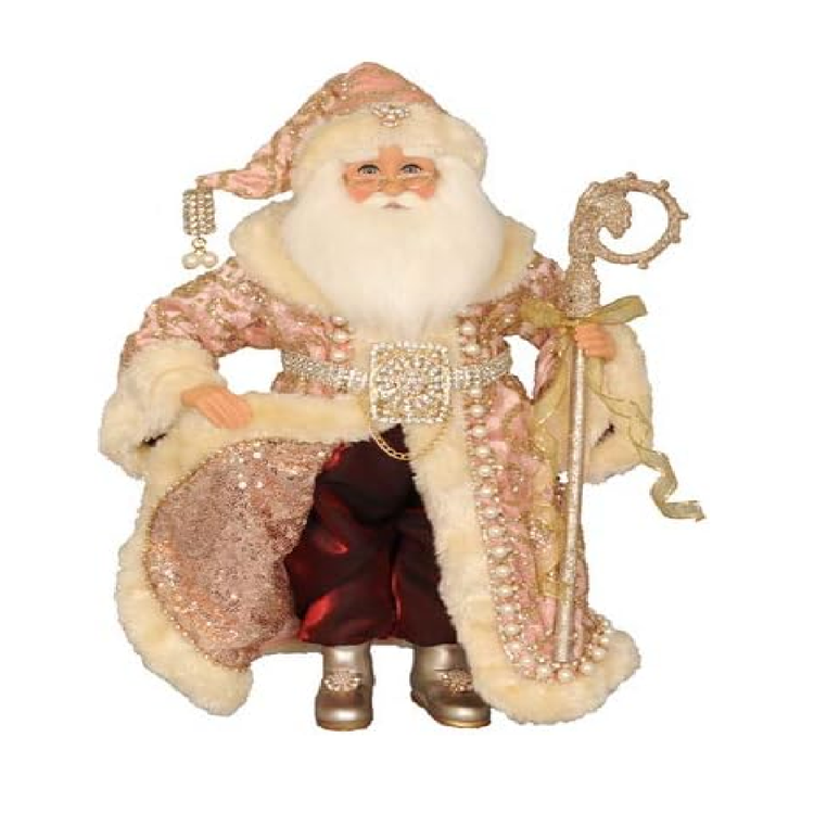 Santa figurine in long rose gold glitterd coat, with bling belt and matching hat.