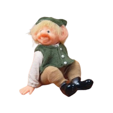 resin elf figurine in a green vest and hat, sitting while leaning back on his hands.