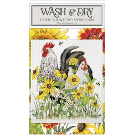Mary Lake-Thompson Flower Chickens kitchen towel and reusable sponge cloth set with floral and chicken design