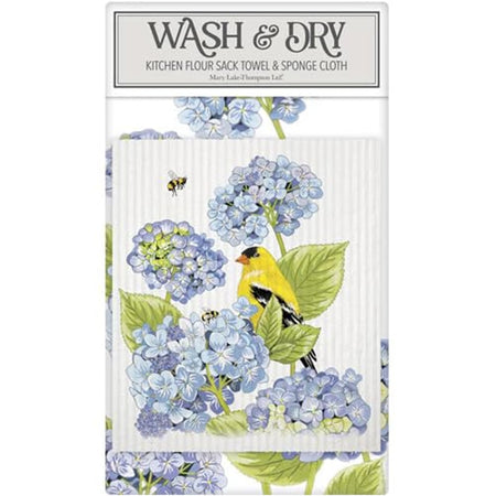 Hydrangea and finch kitchen towel and reusable sponge cloth set with floral and bird design