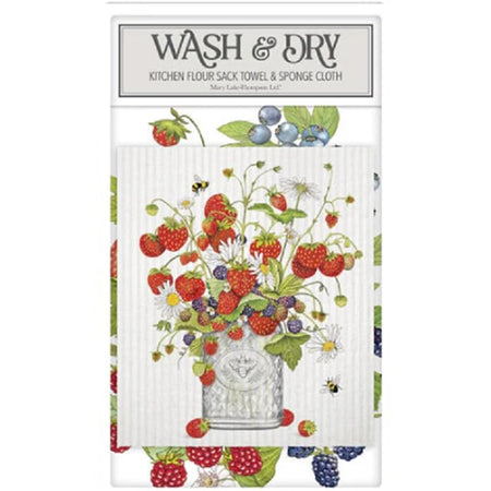 Mary Lake-Thompson Strawberry Jar kitchen towel and reusable sponge cloth set with fruit design