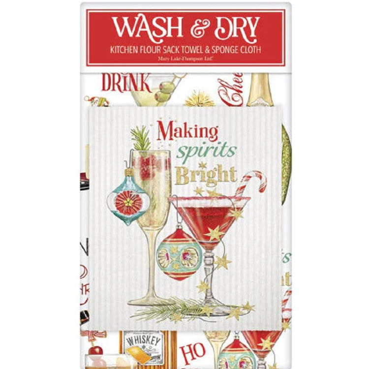 Christmas Cocktails dish towel and sponge cloth set Mary Lake Thompson kitchen cleaning set