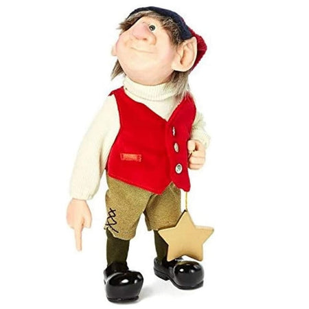 resin and fabric elf figurine, Wendell is wearing a red vest and a white turtle neck, holding a gold star ornament.