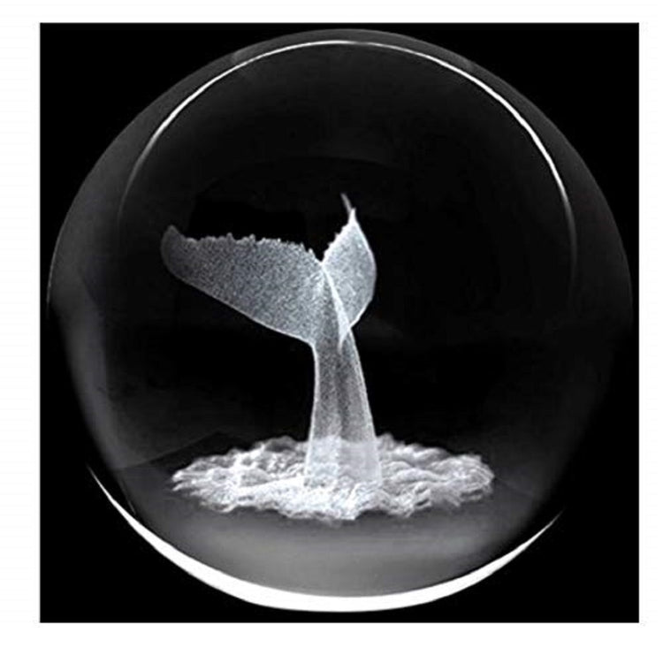 round paperweight dark under clear glass showing a whale tail as if the whale was diving under water. 