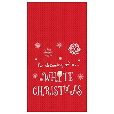 Red waffle weave kitchen towel with white snowflakes and text: I'm dreaming of a ... White Chritmas and the I in the word White is a glass of wine.