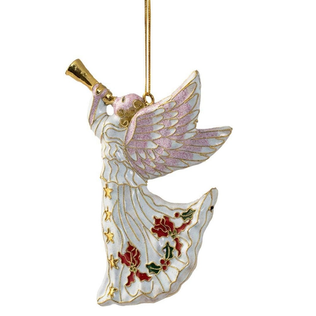 white angel ornament, hand painted enamel over copper.