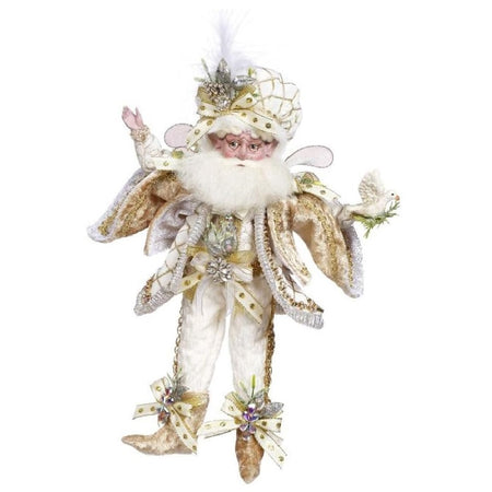 bearded fairy in elegant gold and white outfit, holding a dove in one hand.