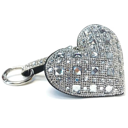 white diamond rhinestone covered key chain or purse charm, shaped like a heart.