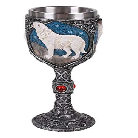 silver look goblet with celtic designs and a white wolf.