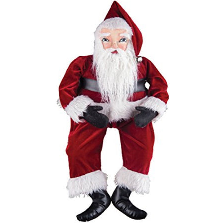 Santa looking figure in a santa suit with black booties and gloves.