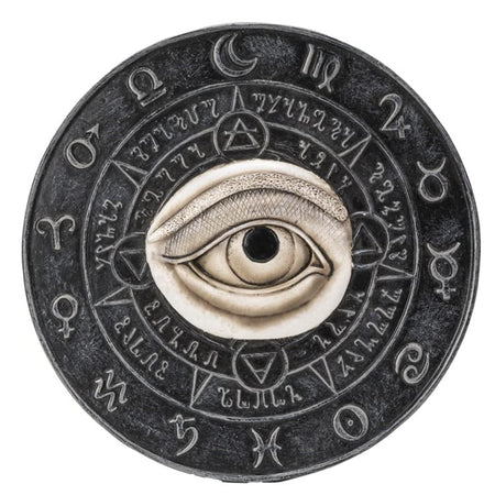 round wall plaque in grey/black with a white eye in the middle and symbols all around