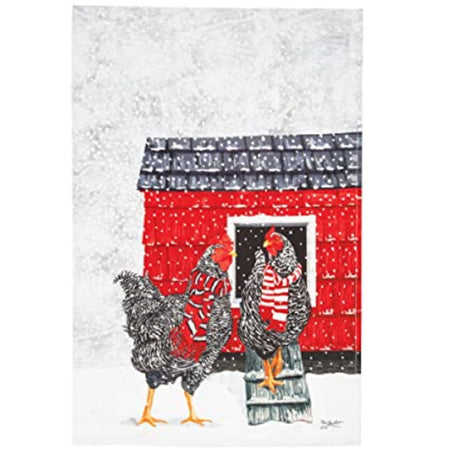 Towel with snowy scene of 2 chickens wearing red and white scarves outside of their red chicken coup.