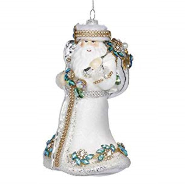 Santa shaped hanging ornament wearing a long winter white coast with cold trim on coat and hat, beaded belt and teal accents