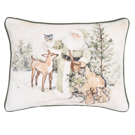 Decorative pillow with a winter scene featuring Santa Claus, deer, and a bird.