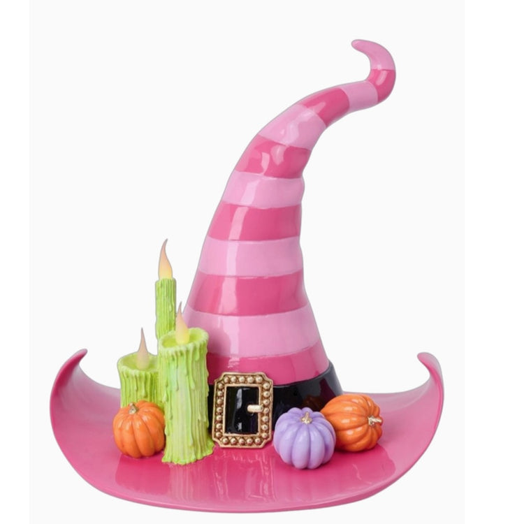 December Diamonds pink witch hat with LED lights pumpkins and candles