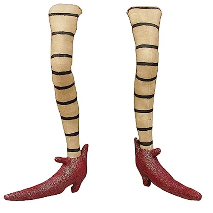 2 legs waring tan stockings with black stripes and red shoes.