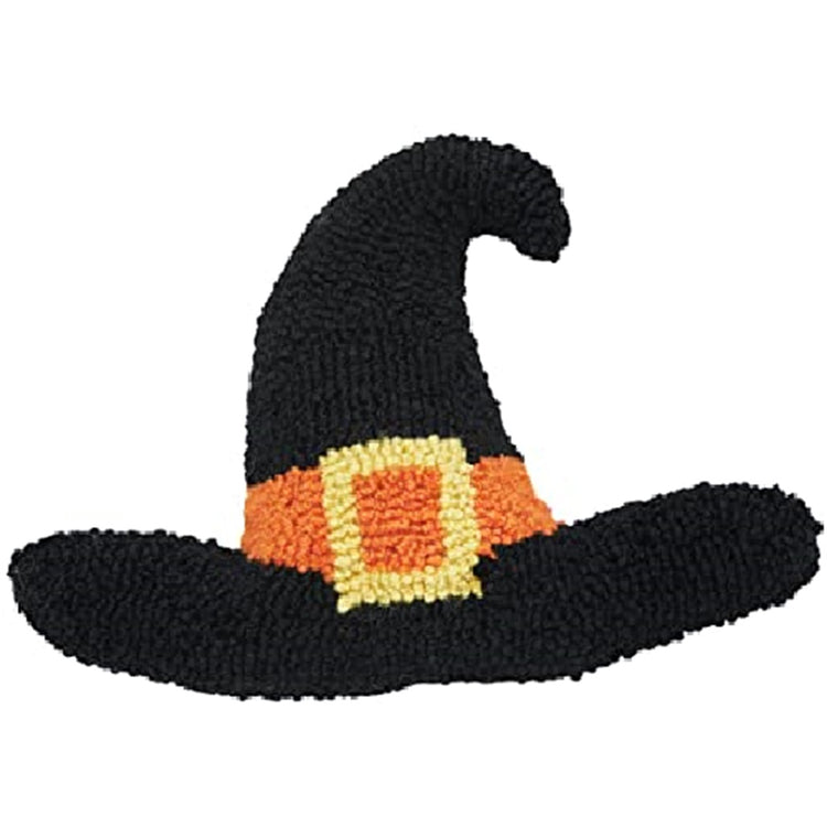 hooked pillow in the shape of a witches hat in black with orange belt and gold buckle design.