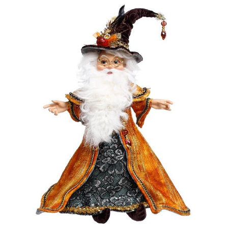 Decorative figure of a wizard with an orange robe and black hat on a white background