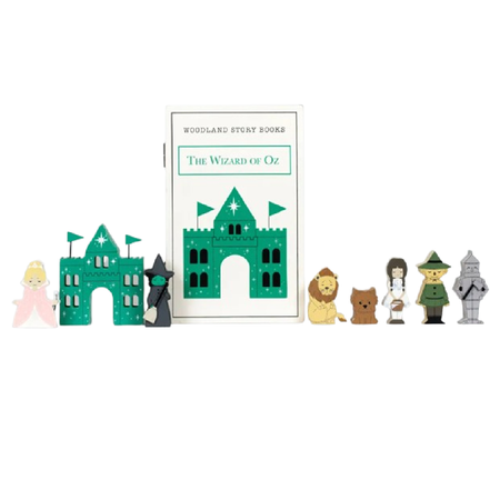 wood box made to look like a book, with wood figurines all in a Wizard of Oz theme.